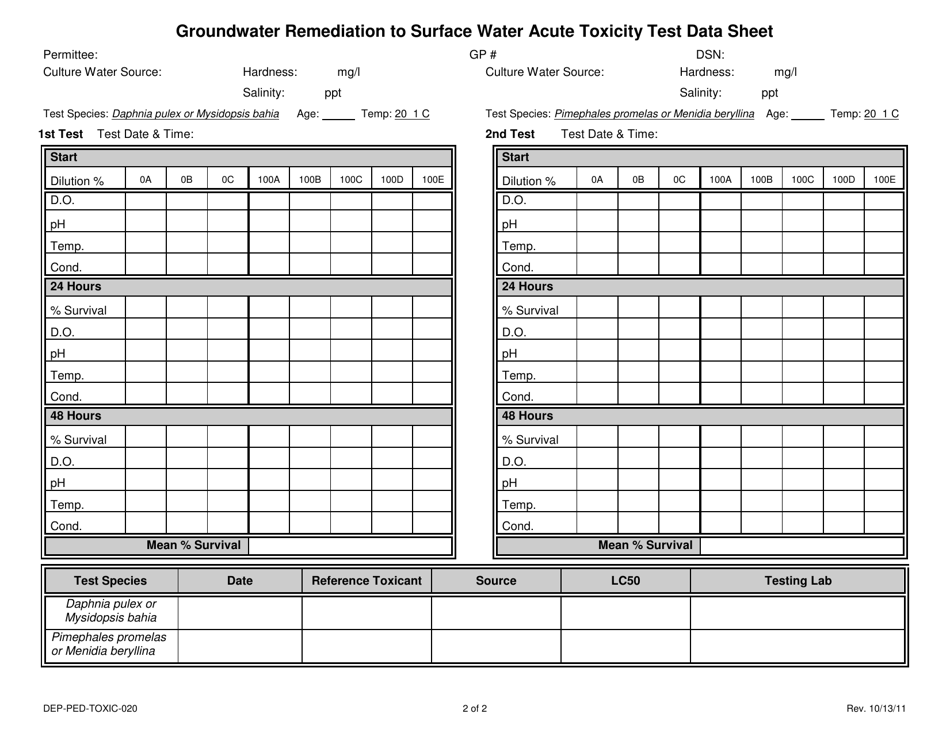 Form DEP-PED-TOXIC-020 Groundwater Remediation to Surface Water Aquatic Toxicity Monitoring Report - Connecticut, Page 2
