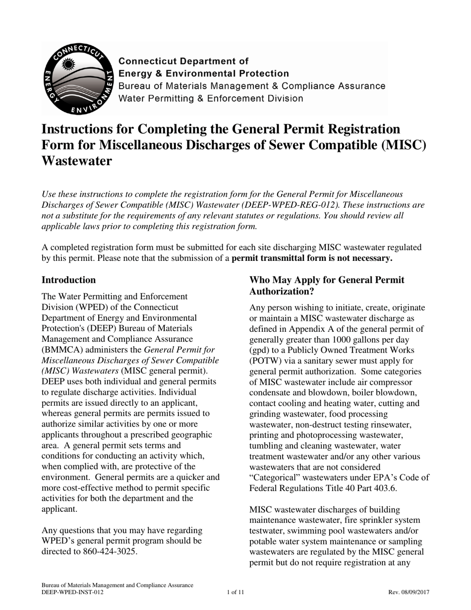 Instructions for Form DEEP-WPED-REG-012 General Permit Registration Form for Miscellaneous Discharges of Sewer Compatible Wastewater - Connecticut, Page 1