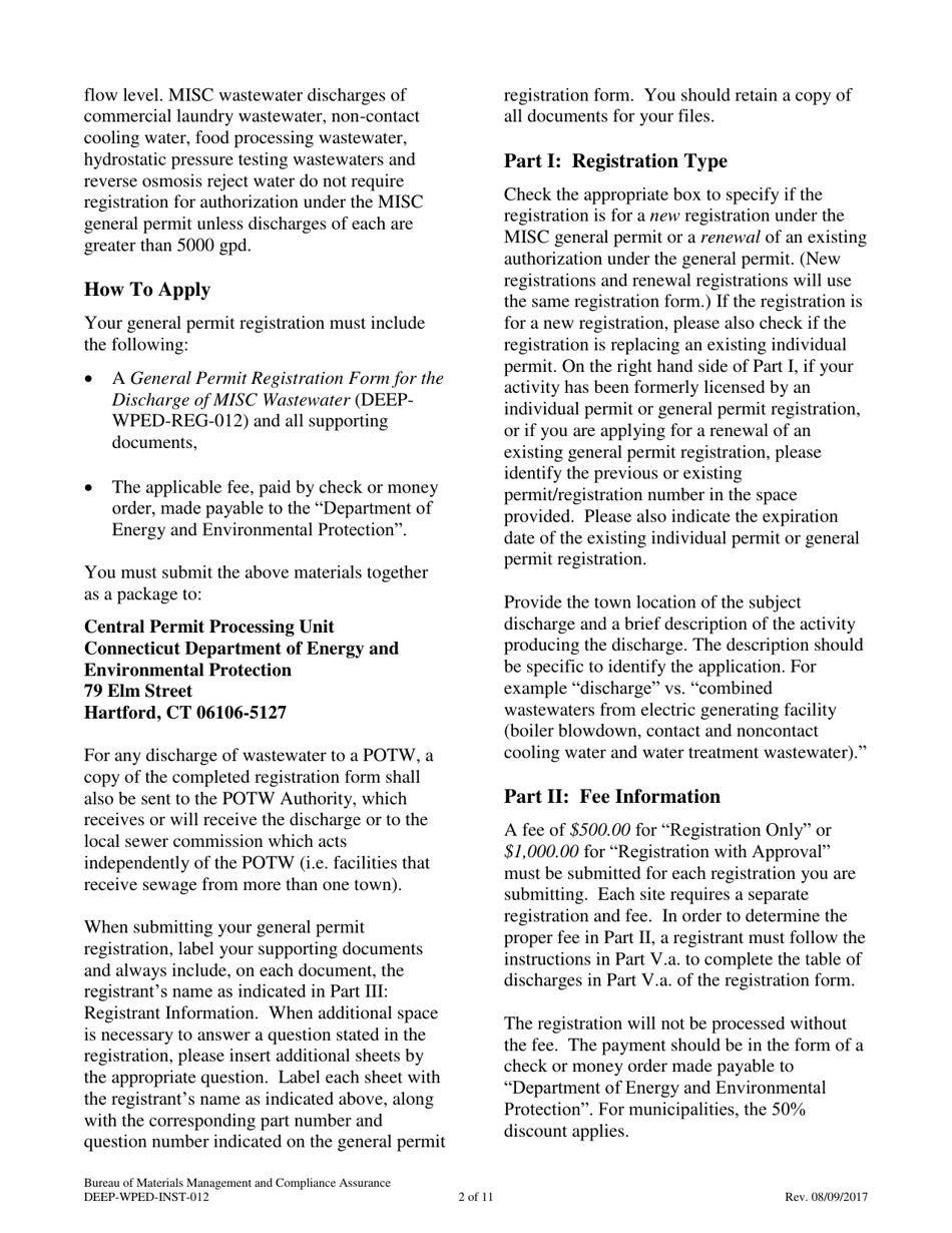 Instructions for Form DEEP-WPED-REG-012 General Permit Registration Form for Miscellaneous Discharges of Sewer Compatible Wastewater - Connecticut, Page 2