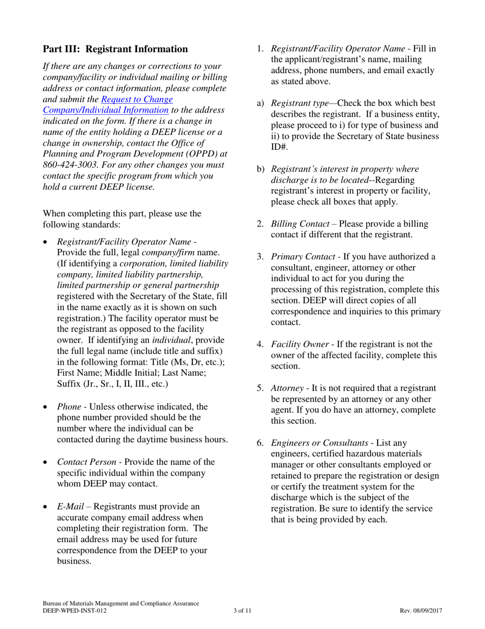 Instructions for Form DEEP-WPED-REG-012 General Permit Registration Form for Miscellaneous Discharges of Sewer Compatible Wastewater - Connecticut, Page 3