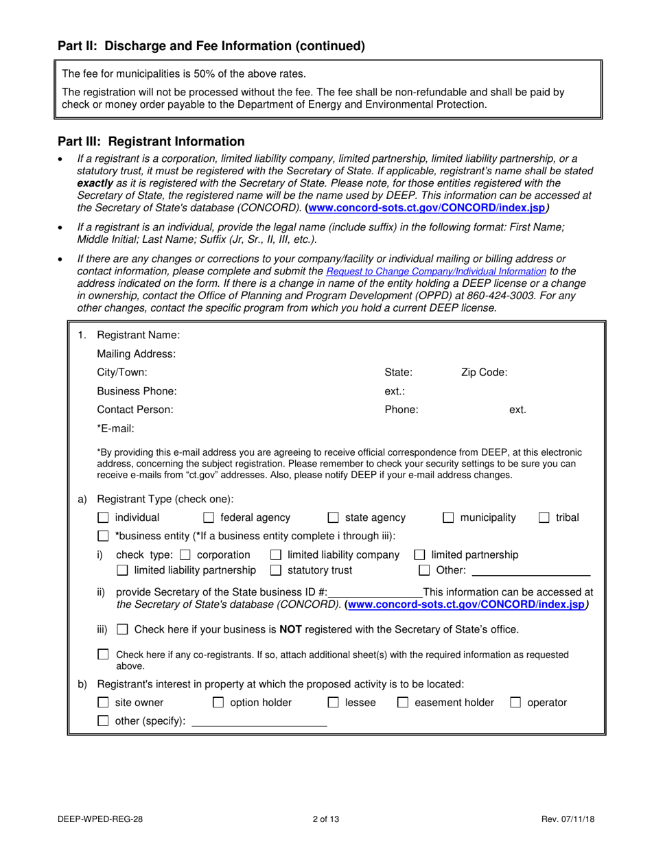 Form DEEP-WPED-REG-28 Comprehensive General Permit Registration Form for Discharges to Surface Water and Groundwater - Connecticut, Page 2