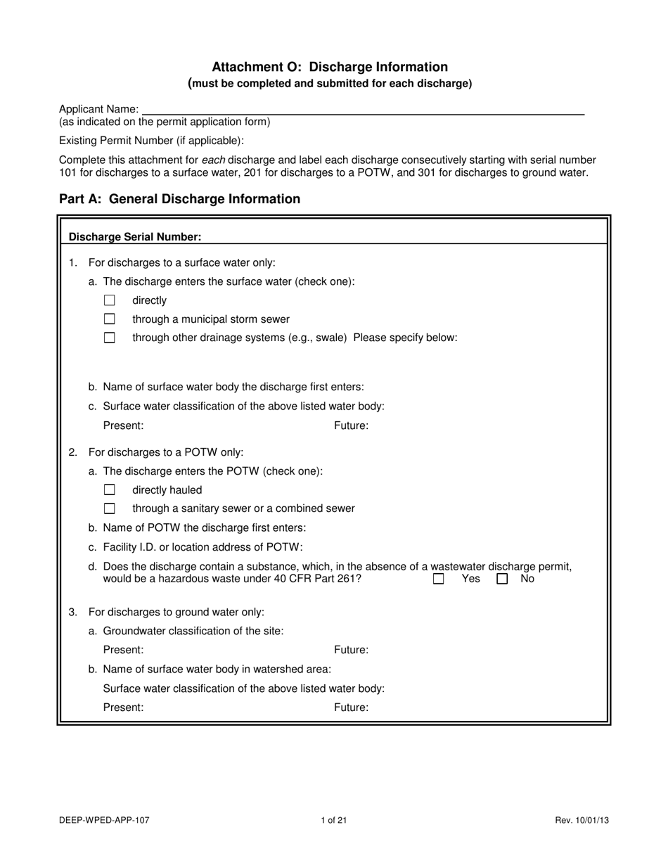 Form DEEP-WPED-APP-107 Attachment O Discharge Information - Connecticut, Page 1