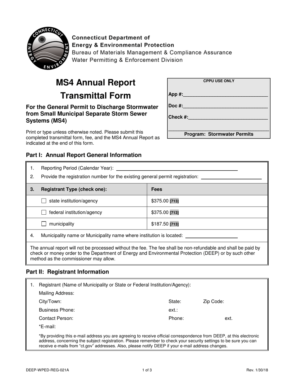 Form DEEP-WPED-REG-021A Ms4 Annual Report Transmittal Form for the General Permit to Discharge Stormwater From Small Municipal Separate Storm Sewer Systems (Ms4) - Connecticut, Page 1