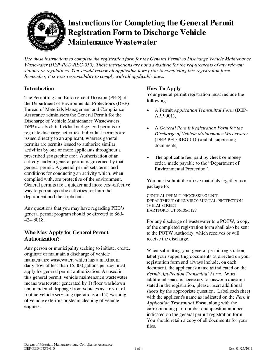 Instructions for Form DEP-PED-REG-010 General Permit Registration Form for the Discharge of Vehicle Maintenance Wastewater - Connecticut, Page 1