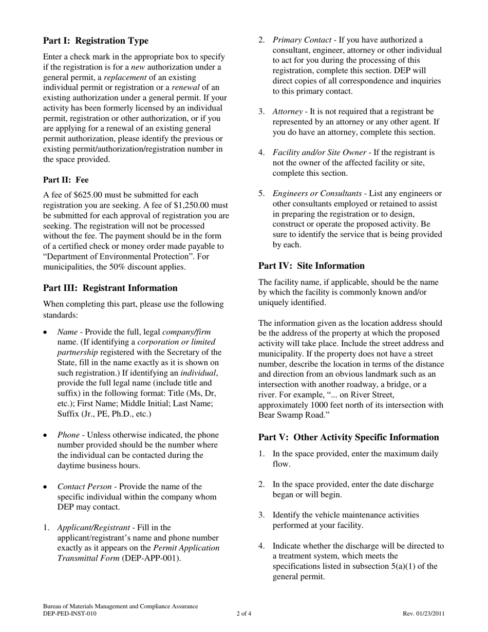 Instructions for Form DEP-PED-REG-010 General Permit Registration Form for the Discharge of Vehicle Maintenance Wastewater - Connecticut, Page 2