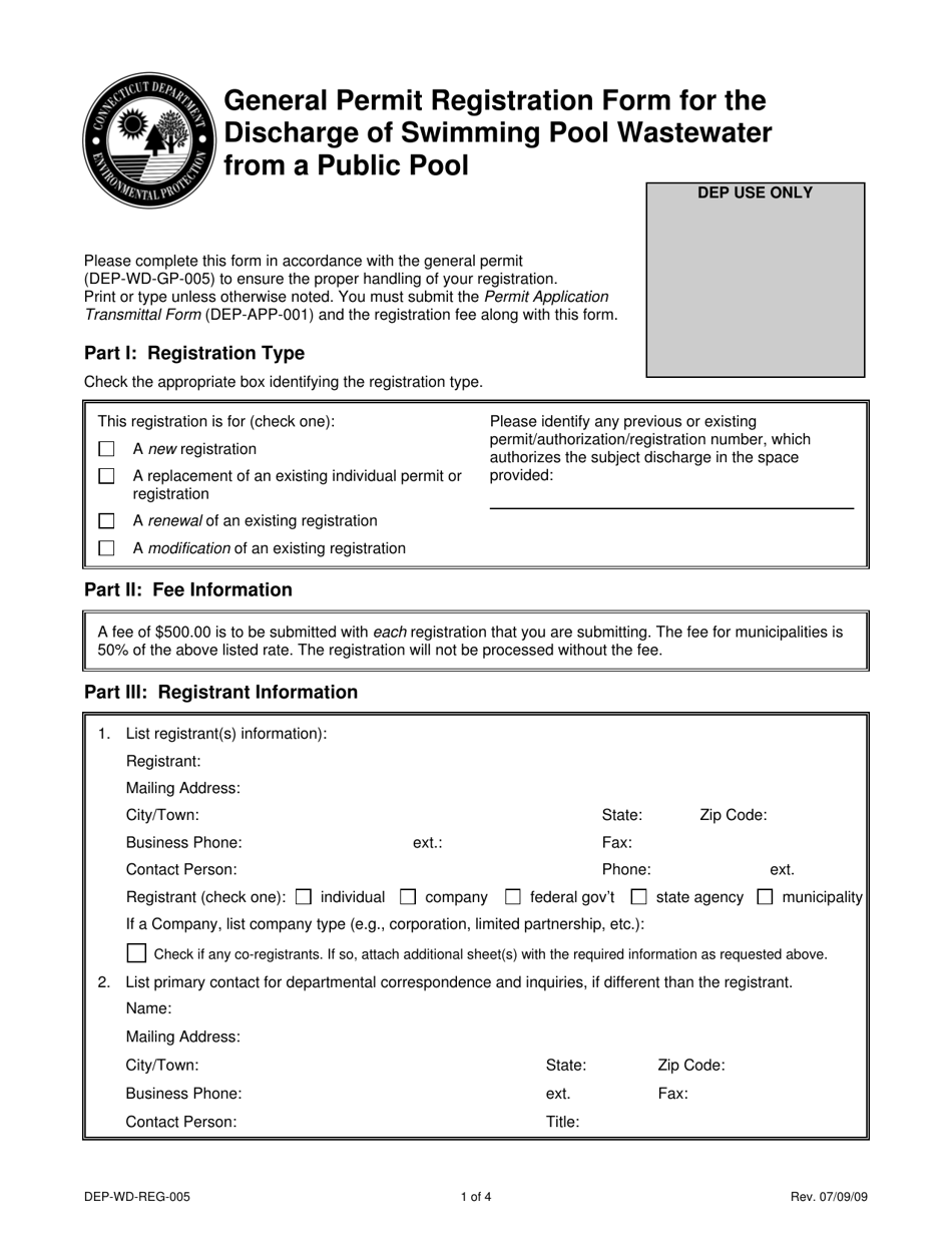 Form DEP-WD-REG-005 General Permit Registration Form for the Discharge of Swimming Pool Wastewater From a Public Pool - Connecticut, Page 1