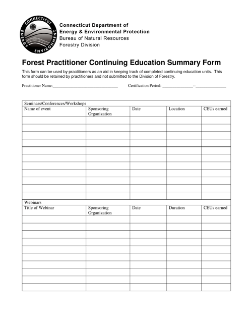 Forest Practitioner Continuing Education Summary Form - Connecticut Download Pdf