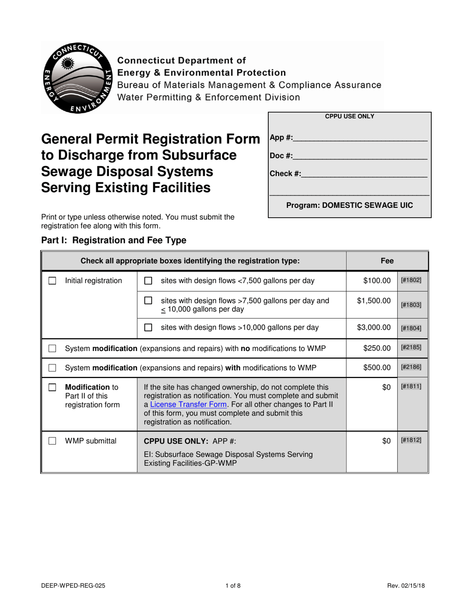 Form DEEP-WPED-REG-025 General Permit Registration Form to Discharge From Subsurface Sewage Disposal Systems Serving Existing Facilities - Connecticut, Page 1