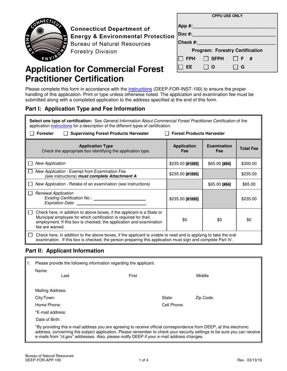 Form DEEP-FOR-APP-100 Application for Commercial Forest Practitioner Certification - Connecticut, Page 1