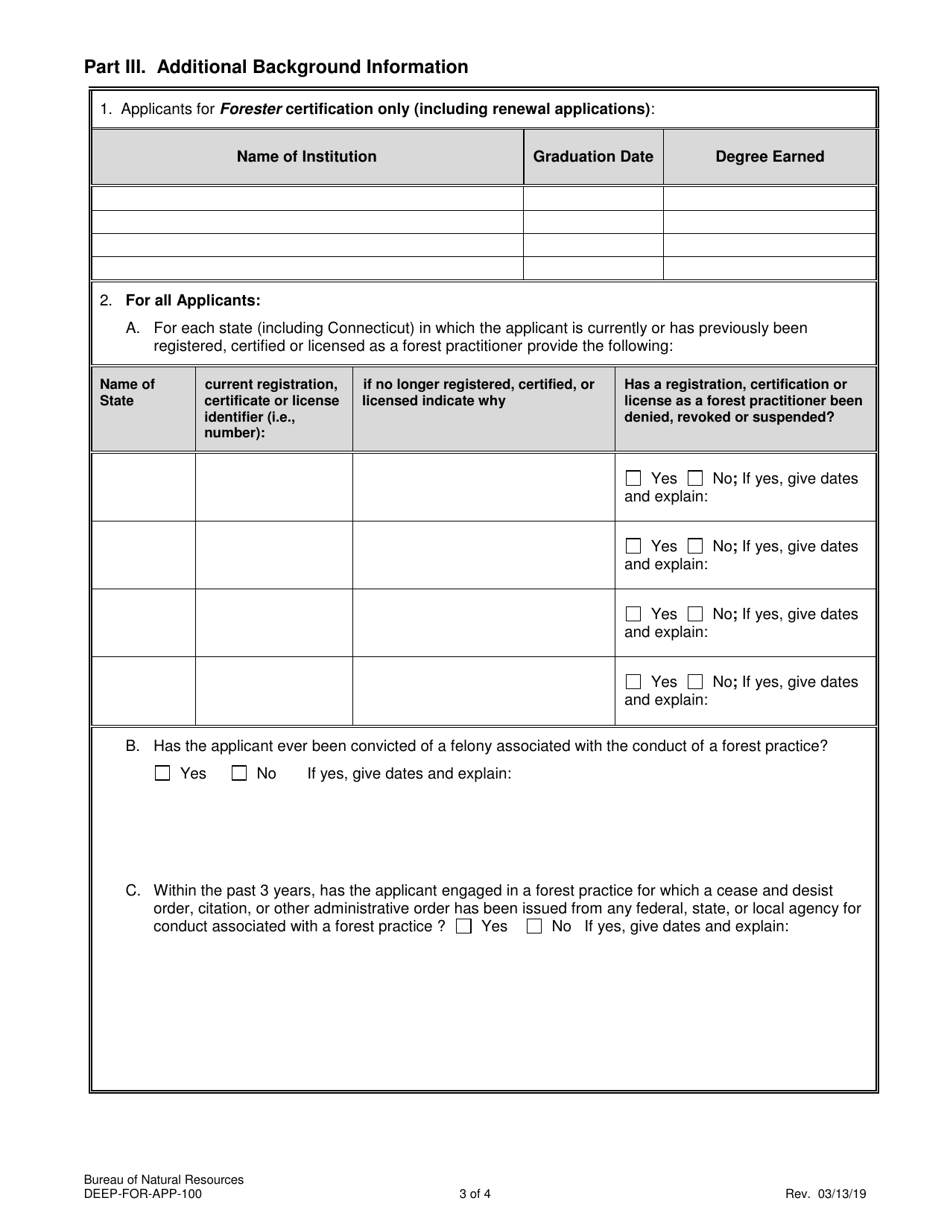 Form DEEP-FOR-APP-100 Application for Commercial Forest Practitioner Certification - Connecticut, Page 3