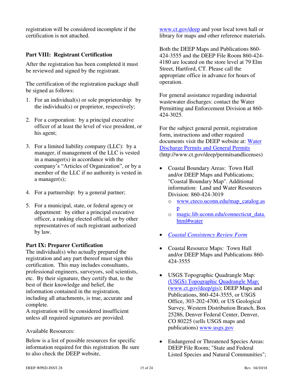 Instructions for Form DEEP-WPED-REG-28 General Permit Registration Form for the Comprehensive General Permit for Discharges to Surface Water and Groundwater - Connecticut, Page 15