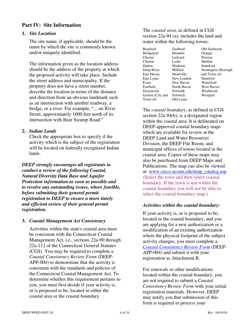 Instructions for Form DEEP-WPED-REG-28 General Permit Registration Form for the Comprehensive General Permit for Discharges to Surface Water and Groundwater - Connecticut, Page 4