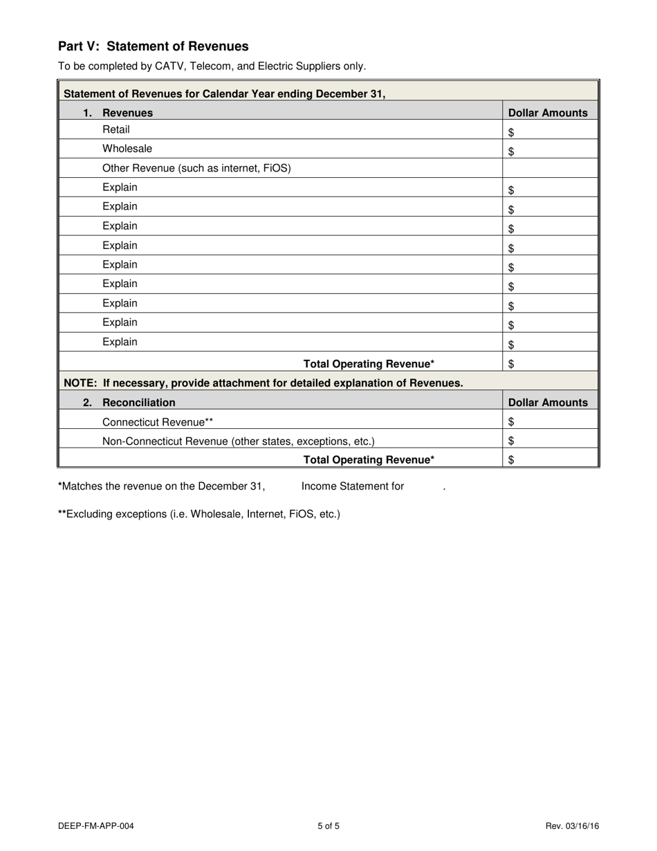 Form DEEP-FM-APP-004 Report of Connecticut Intrastate Gross Revenues - Connecticut, Page 5