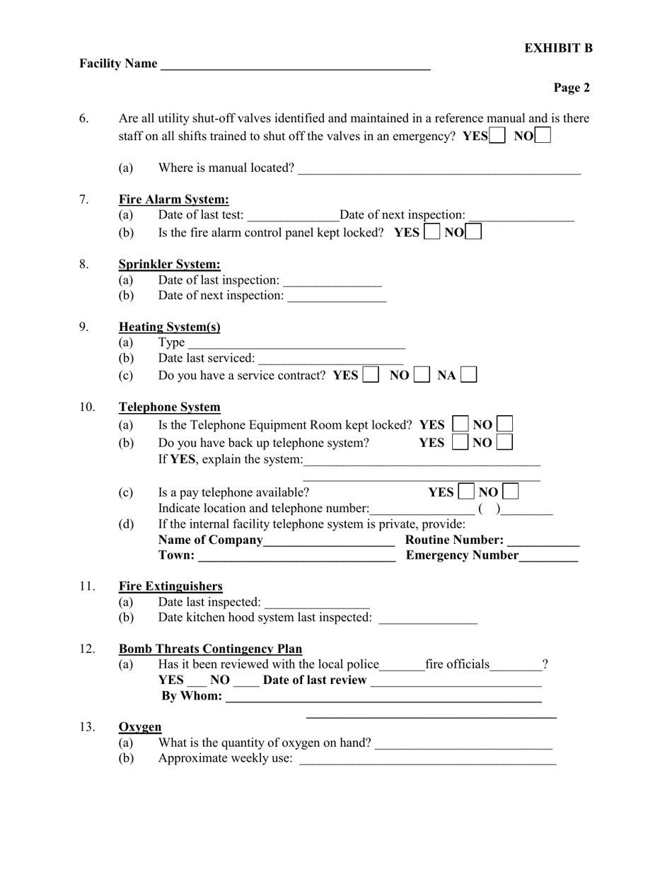 Exhibit B Physical Environment / Fire Safety Pre-strike Questionnaire - Connecticut, Page 2