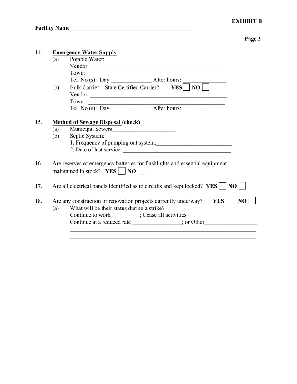 Exhibit B Physical Environment / Fire Safety Pre-strike Questionnaire - Connecticut, Page 3