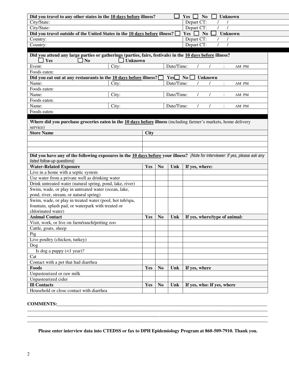 General Enteric Diseases Interview Form - Cryptosporidium - Connecticut, Page 2