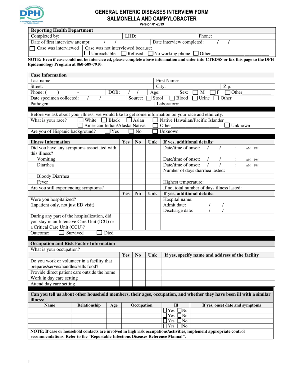 General Enteric Diseases Interview Form - Salmonella  Campylobacter - Connecticut, Page 1
