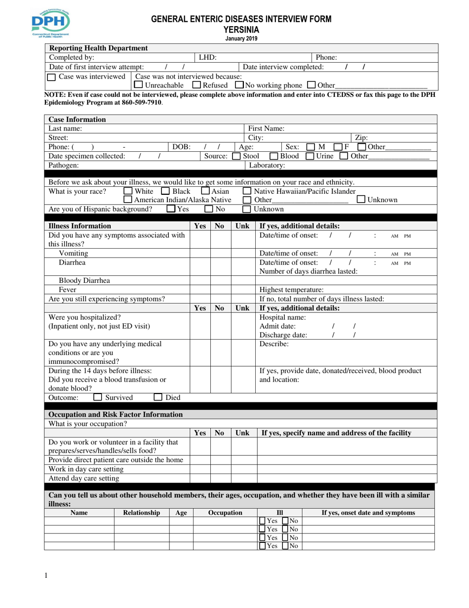 General Enteric Diseases Interview Form - Yersinia - Connecticut, Page 1