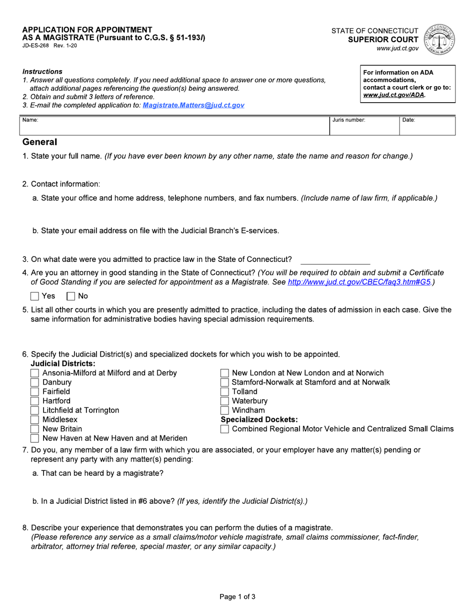 Form JD-ES-268 Application for Appointment as a Magistrate - Connecticut, Page 1