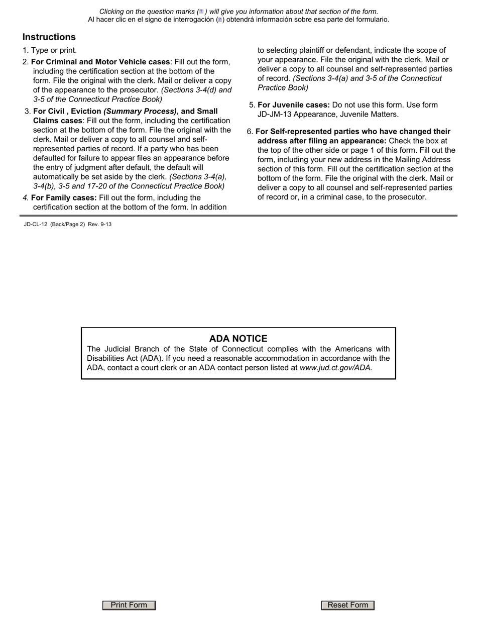 Form JD-CL-12 Appearance - Connecticut, Page 1