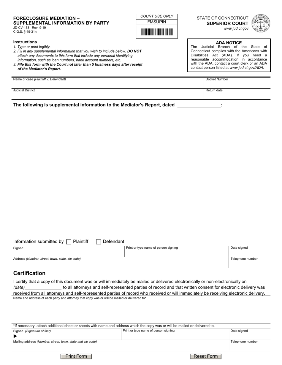 Form JD-CV-133 Foreclosure Mediation  Supplemental Information by Party - Connecticut, Page 1