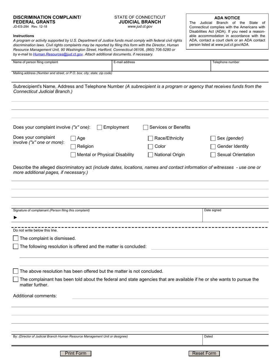 Form JD-ES-284 Discrimination Complaint / Federal Grants - Connecticut, Page 1