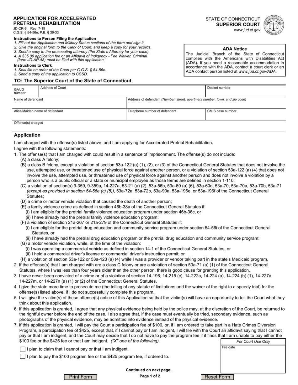 Form JD-CR-9 Application for Accelerated Pretrial Rehabilitation - Connecticut, Page 1