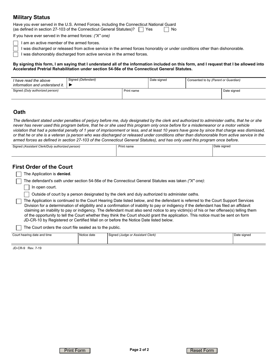 Form JD-CR-9 Application for Accelerated Pretrial Rehabilitation - Connecticut, Page 2