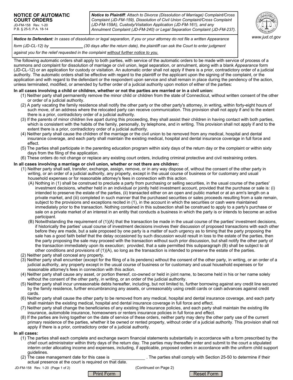 Form JD-FM-158 Notice of Automatic Court Orders - Connecticut, Page 1