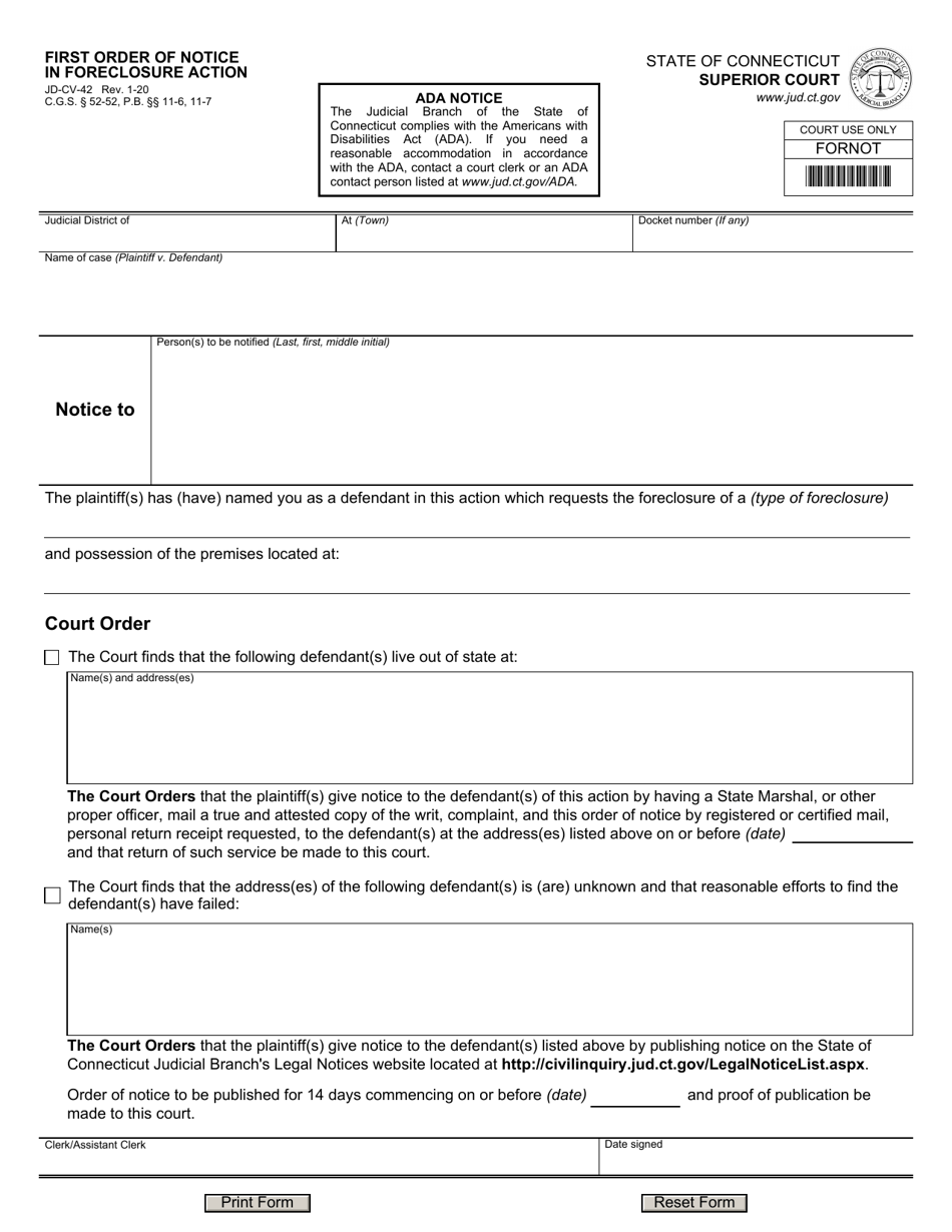 Form JD-CV-42 First Order of Notice in Foreclosure Action - Connecticut, Page 1