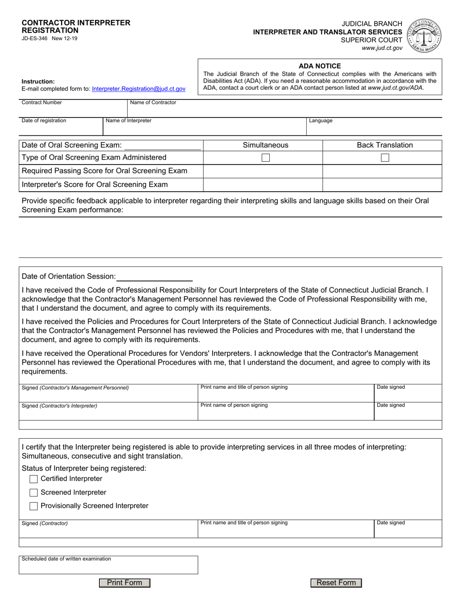 Form JD-ES-346 Contractor Interpreter Registration - Connecticut, Page 1