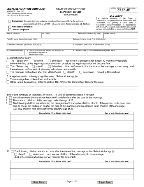 Form JD-FM-237 Legal Separation Complaint - Connecticut