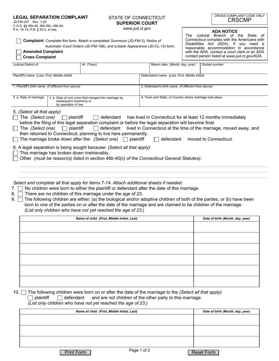 Form JD-FM-237 Legal Separation Complaint - Connecticut, Page 1