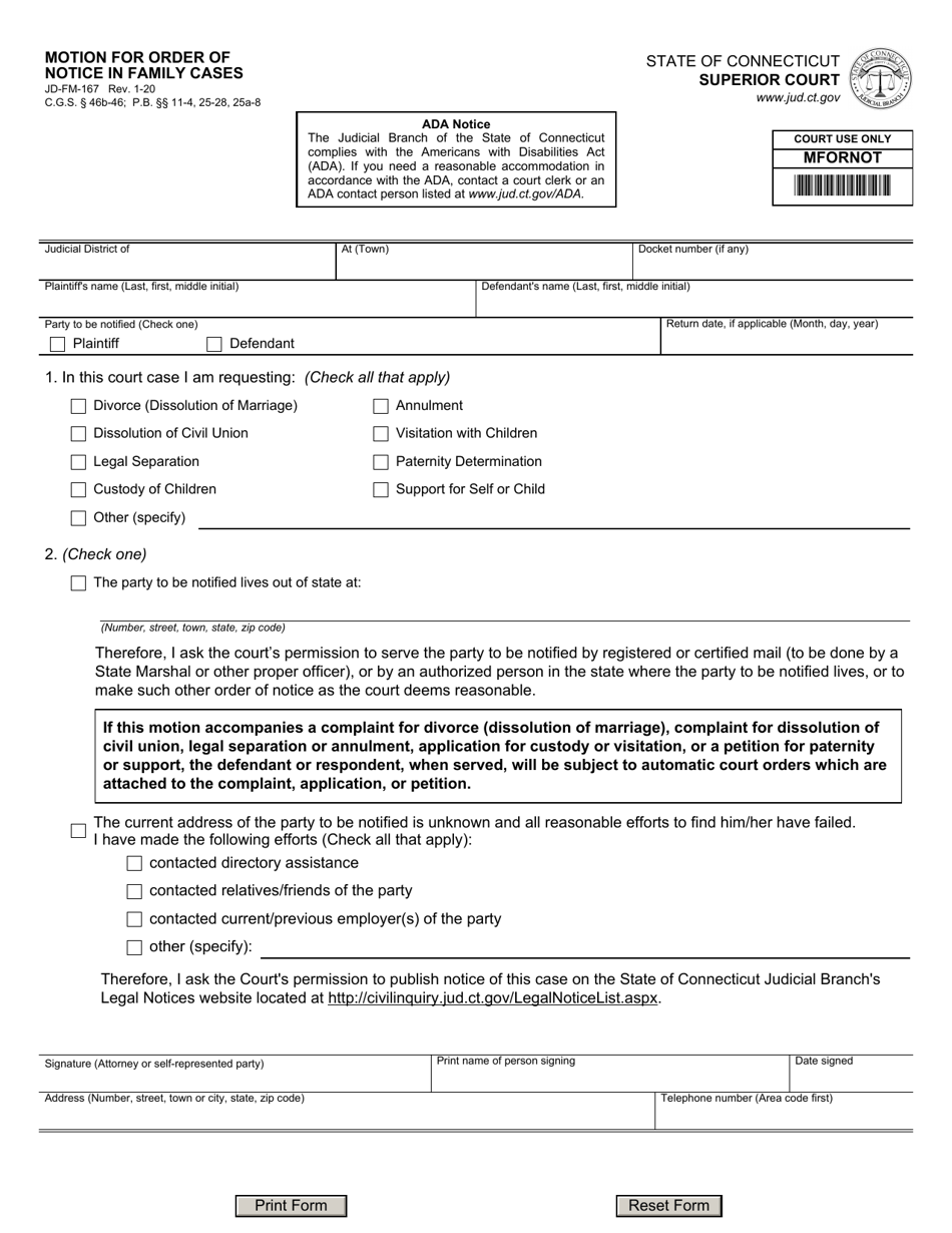 Form JD-FM-167 Motion for Order of Notice in Family Cases - Connecticut, Page 1