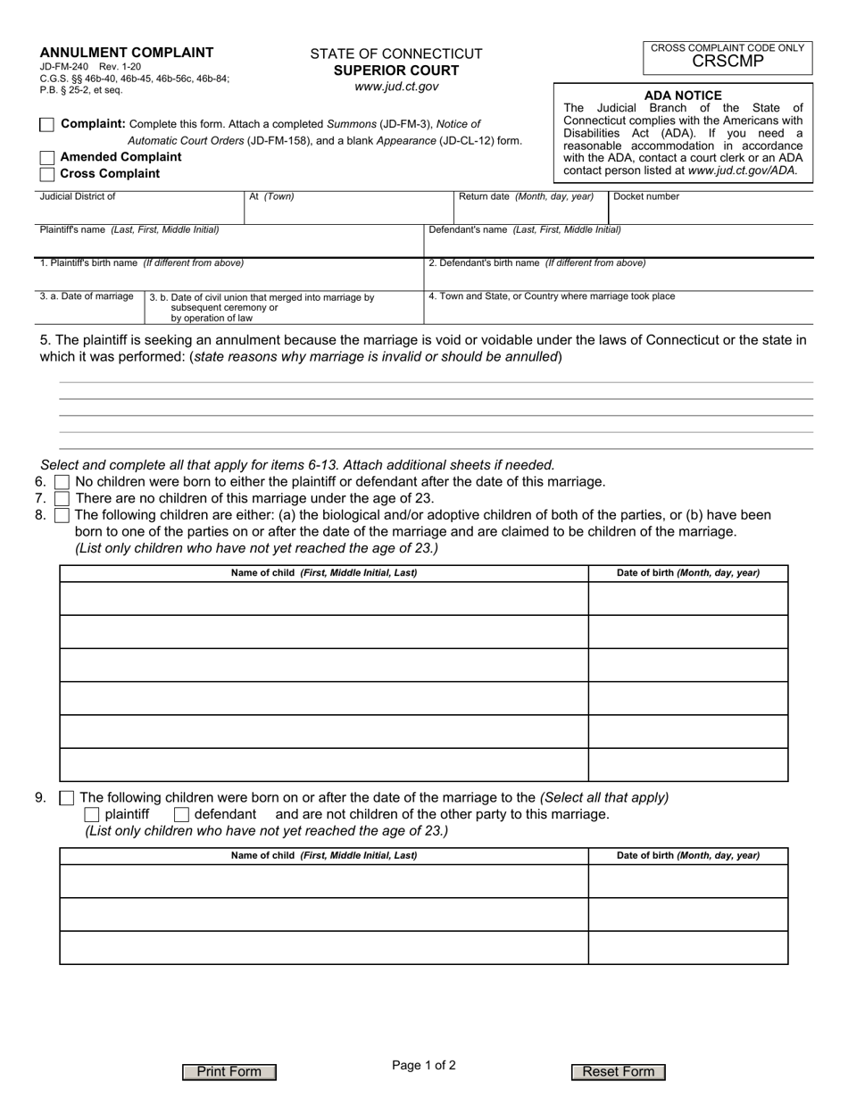 Form JD-FM-240 Annulment Complaint - Connecticut, Page 1