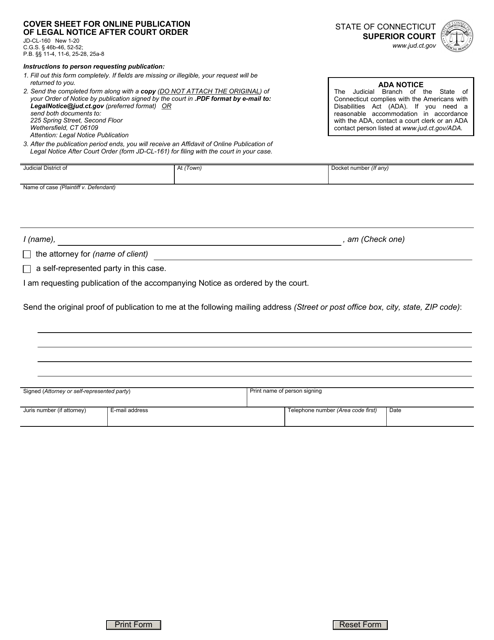 Form JD-CL-160 Cover Sheet for Online Publication of Legal Notice After Court Order - Connecticut