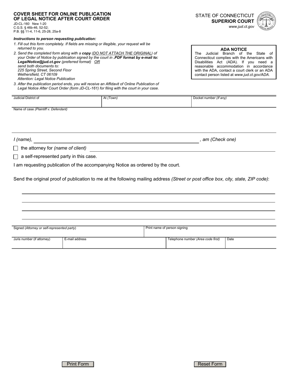 Form JD-CL-160 Cover Sheet for Online Publication of Legal Notice After Court Order - Connecticut, Page 1