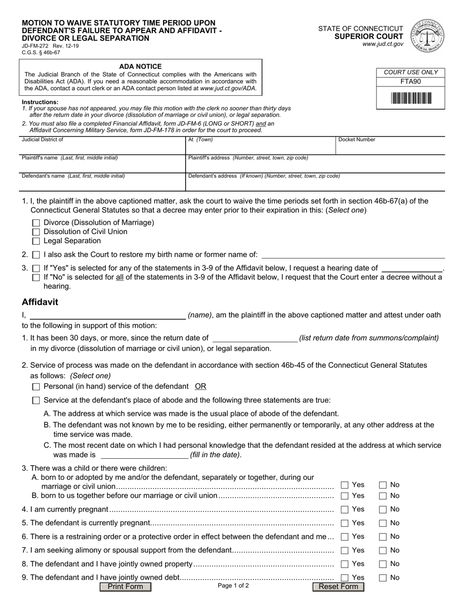 Form JD-FM-272 Motion to Waive Statutory Time Period Upon Defendants Failure to Appear and Affidavit - Divorce or Legal Separation - Connecticut, Page 1
