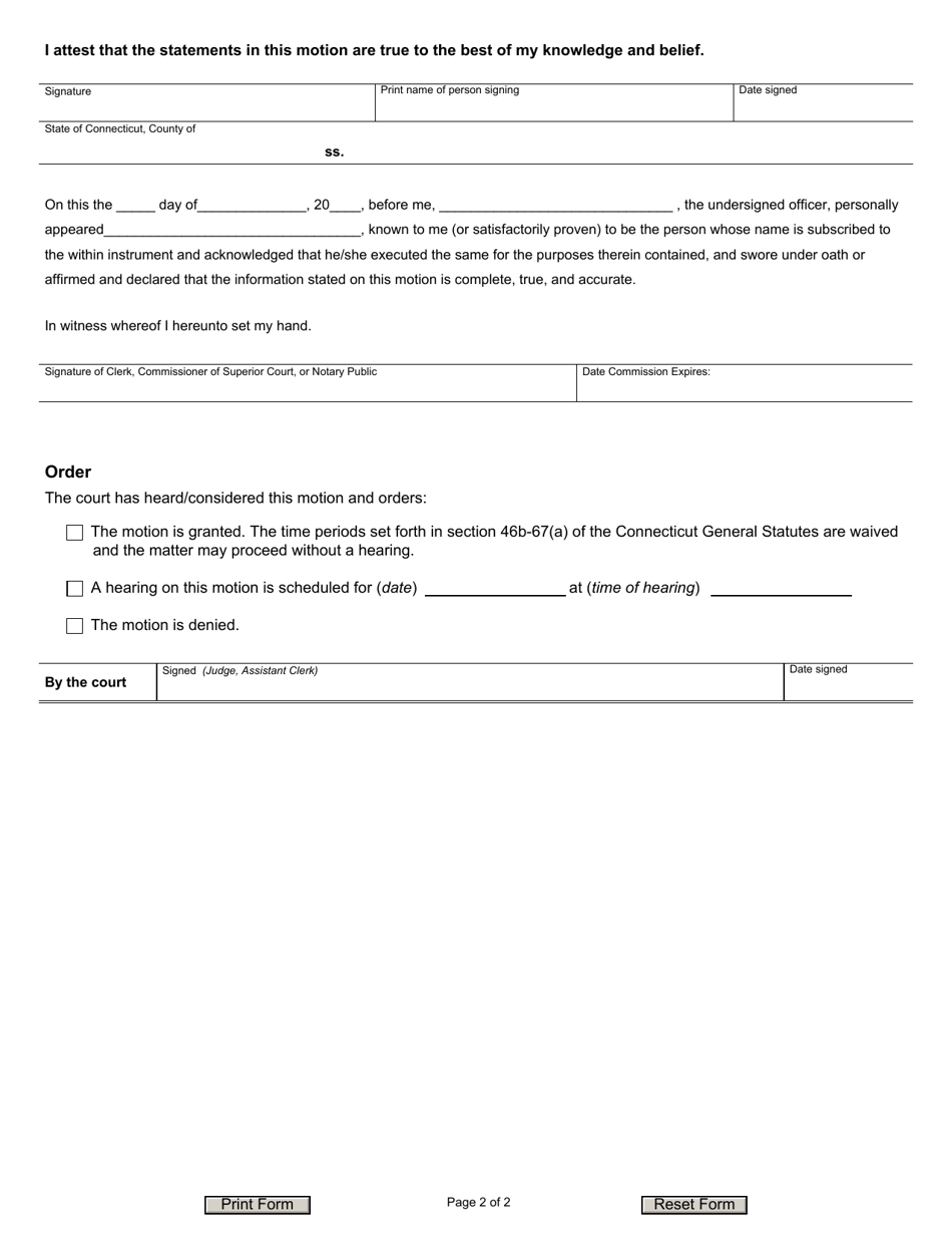 Form JD-FM-272 Motion to Waive Statutory Time Period Upon Defendants Failure to Appear and Affidavit - Divorce or Legal Separation - Connecticut, Page 2