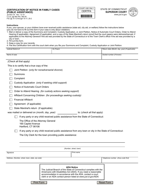 Form JD-FM-175 Certification of Notice in Family Cases (Public Assistance) - Connecticut