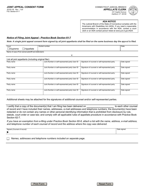 Form JD-SC-35 Joint Appeal Consent Form - Connecticut