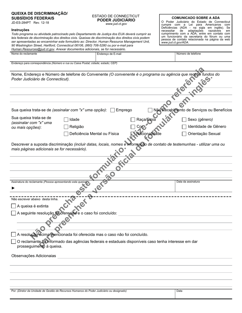 Form JD-ES-284PT Discrimination Complaint / Federal Grants - Connecticut (Portuguese), Page 1