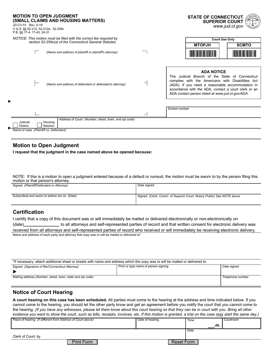 Form JD-CV-51 Motion to Open Judgment (Small Claims and Housing Matters) - Connecticut, Page 1