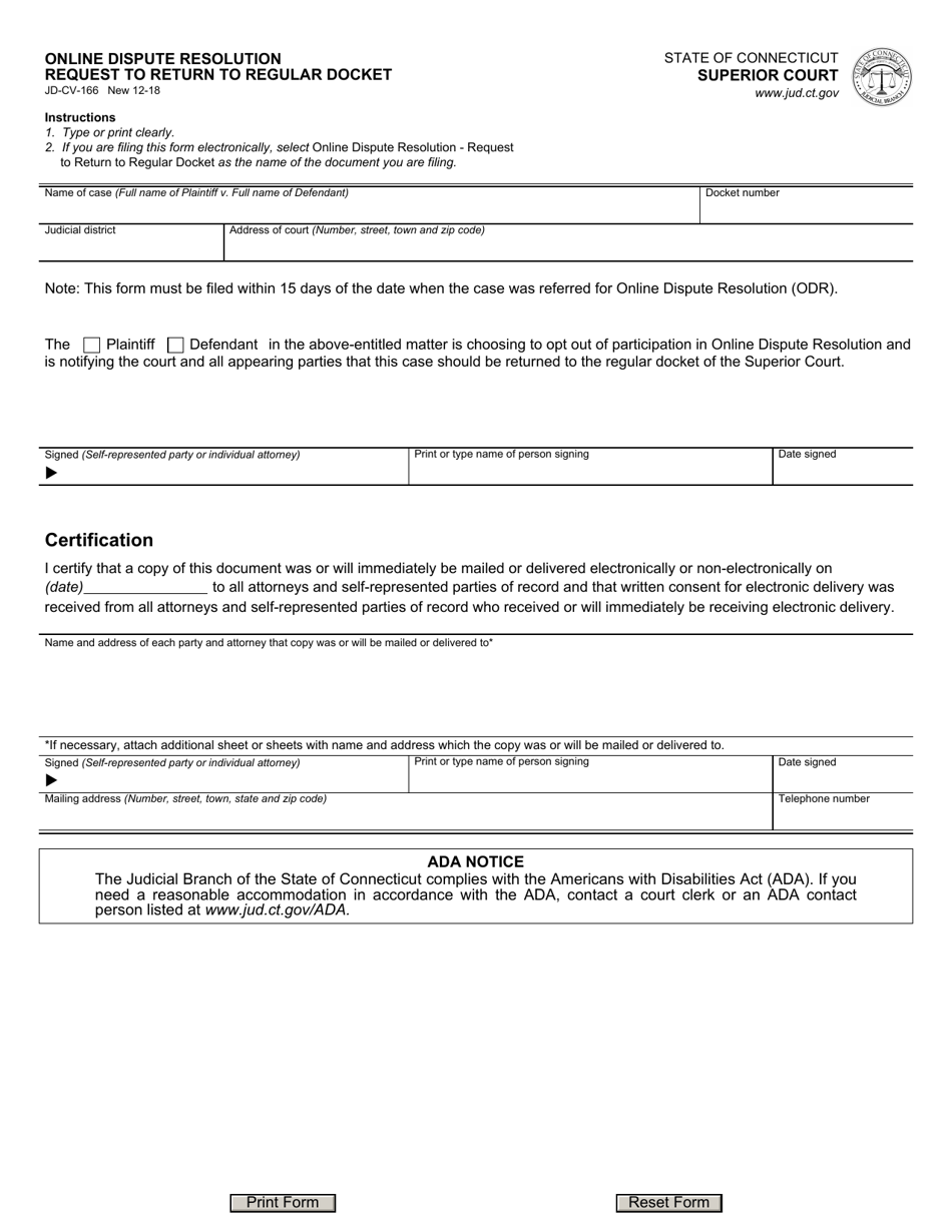 Form JD-CV-166 Online Dispute Resolution Request to Return to Regular Docket - Connecticut, Page 1
