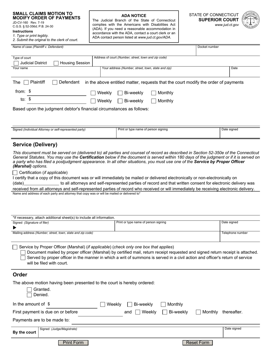 Form JD-CV-160 Small Claims Motion to Modify Order of Payments - Connecticut, Page 1