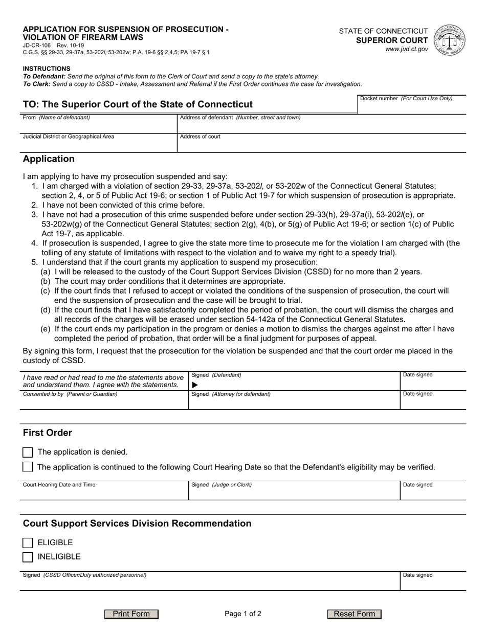 Form JD-CR-106 Application for Suspension of Prosecution - Violation of Firearm Laws - Connecticut, Page 1