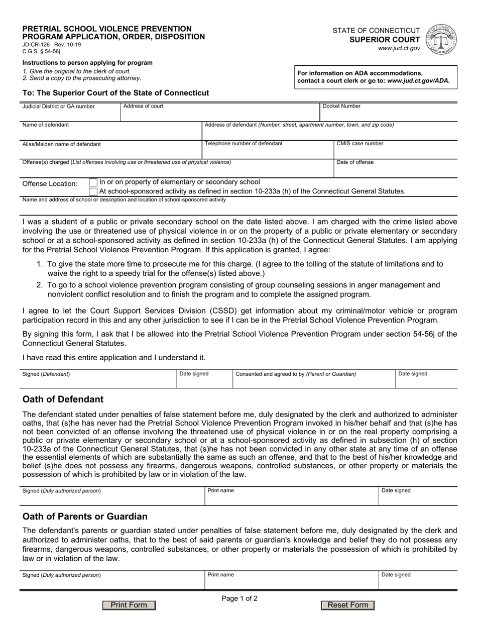 Form JD-CR-126 Download Fillable PDF or Fill Online Pretrial School ...