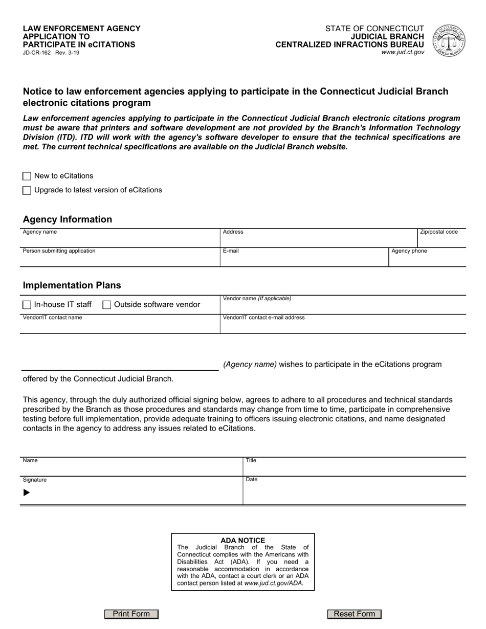 Form JD-CR-162 Law Enforcement Agency Application to Participate in Ecitations - Connecticut, Page 1