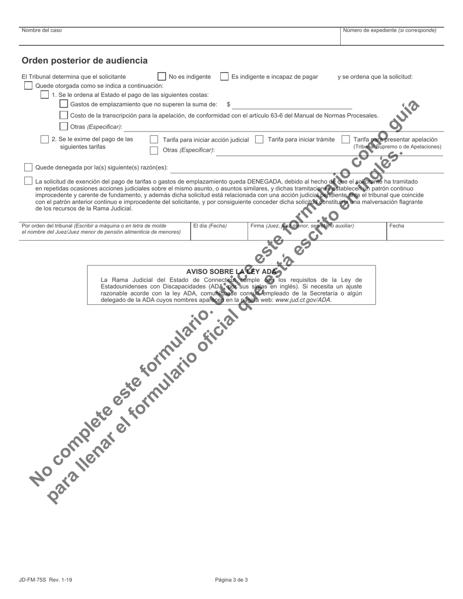 Formulario JD-FM-75S Solicitud De Exoneracion De Tarifas, Pago De Costas, Nombramiento De Abogado - Asuntos De Familia - Connecticut (Spanish), Page 3