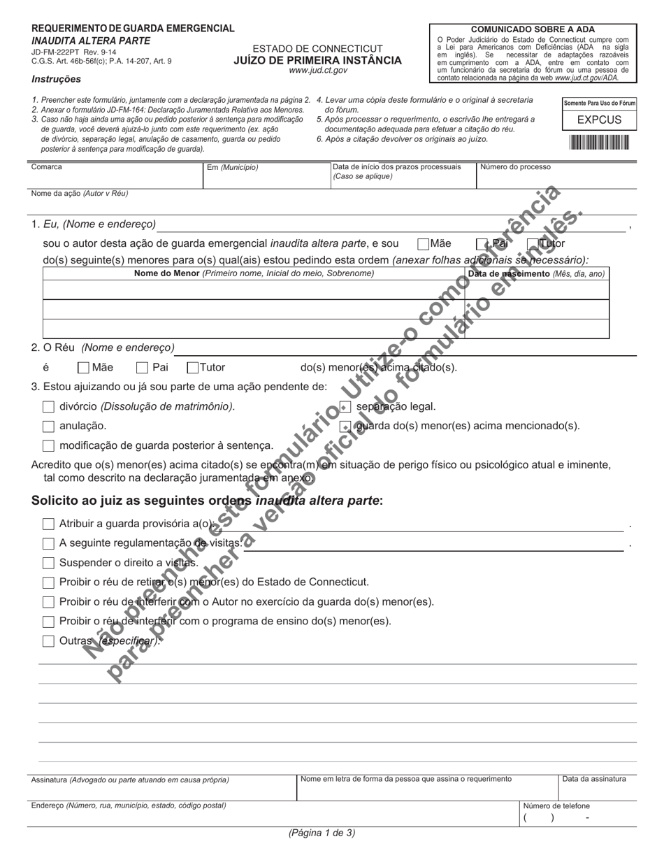 Form JD-FM-222PT Application for Emergency Ex Parte Order of Custody - Connecticut (Portuguese), Page 1